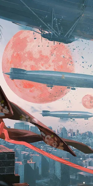 Kimono Girl Overlooking Steampunk City 4K Wallpaper Background