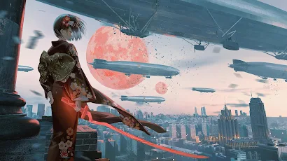 Kimono Girl Overlooking Steampunk City 4K Desktop & Mobile Wallpaper Background