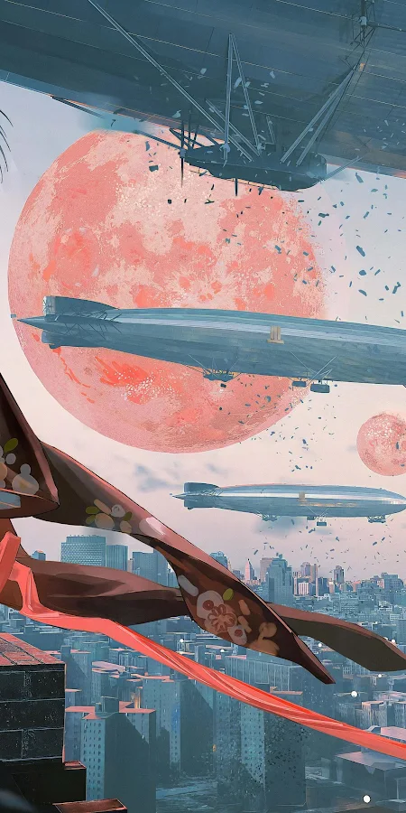 Kimono Girl Overlooking Steampunk City 4K Phone Wallpaper