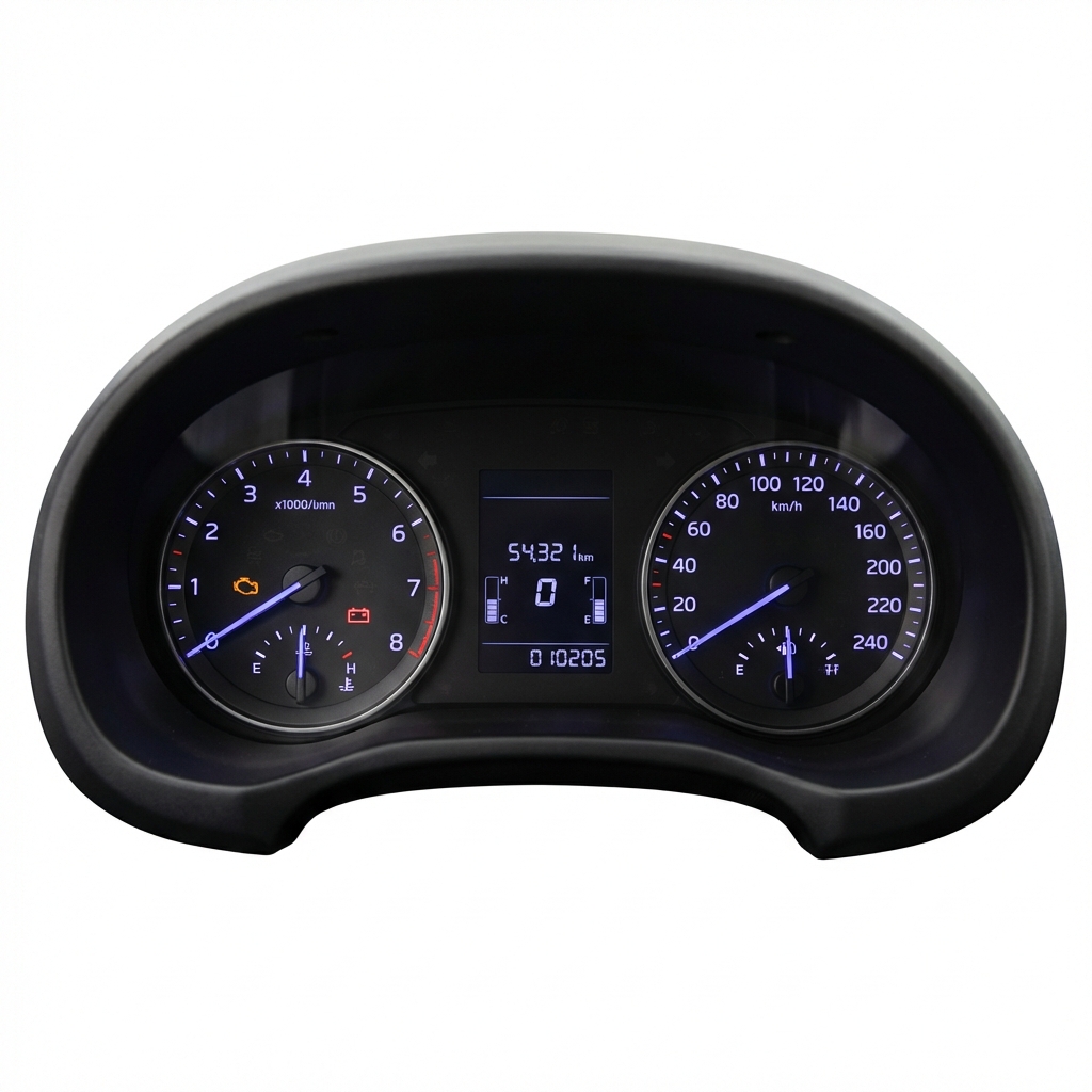Close up of illuminated instrument cluster with gauges and warning lights on white background for inspection used ford ranger for sale