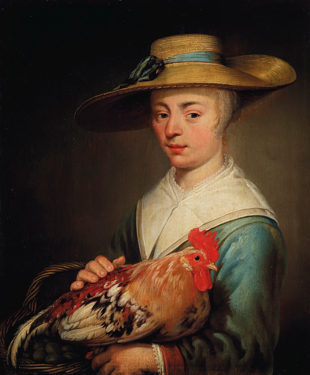A young woman wearing a straw hat and holding a hen and a basket of eggs 1652