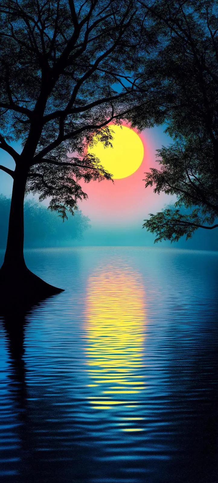 Sunset Silhouette Over Calm Water - Digital Illustration Full HD iPhone Wallpaper (1080x2395)