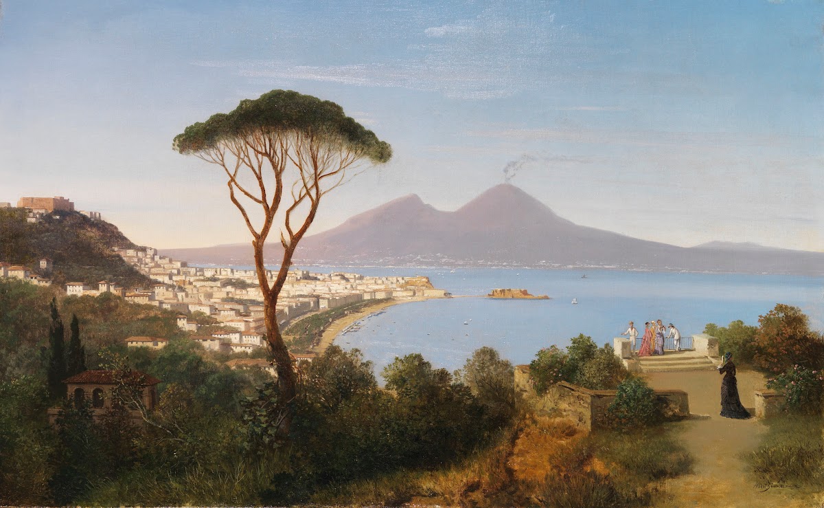 Blick vom Posillipo auf die weite Bucht von Neapel mit rauchendem Vesuv Ca 1850
