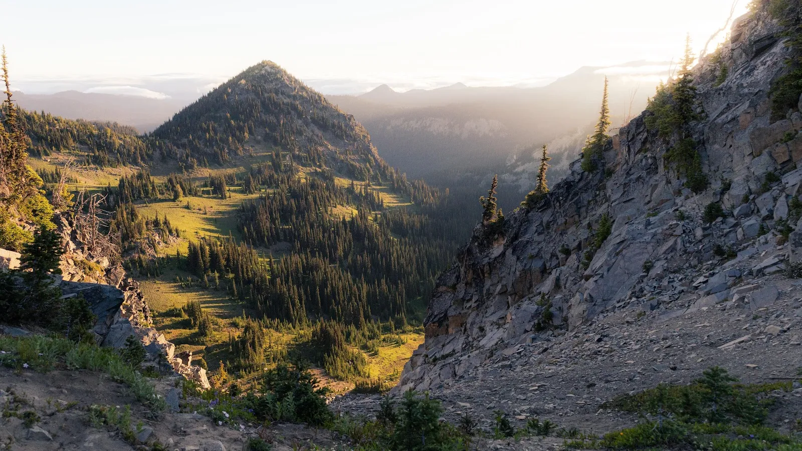 Mountain Landscape, Evergreen Forest, Valley View, Rocky Terrain 5K Desktop Wallpaper
