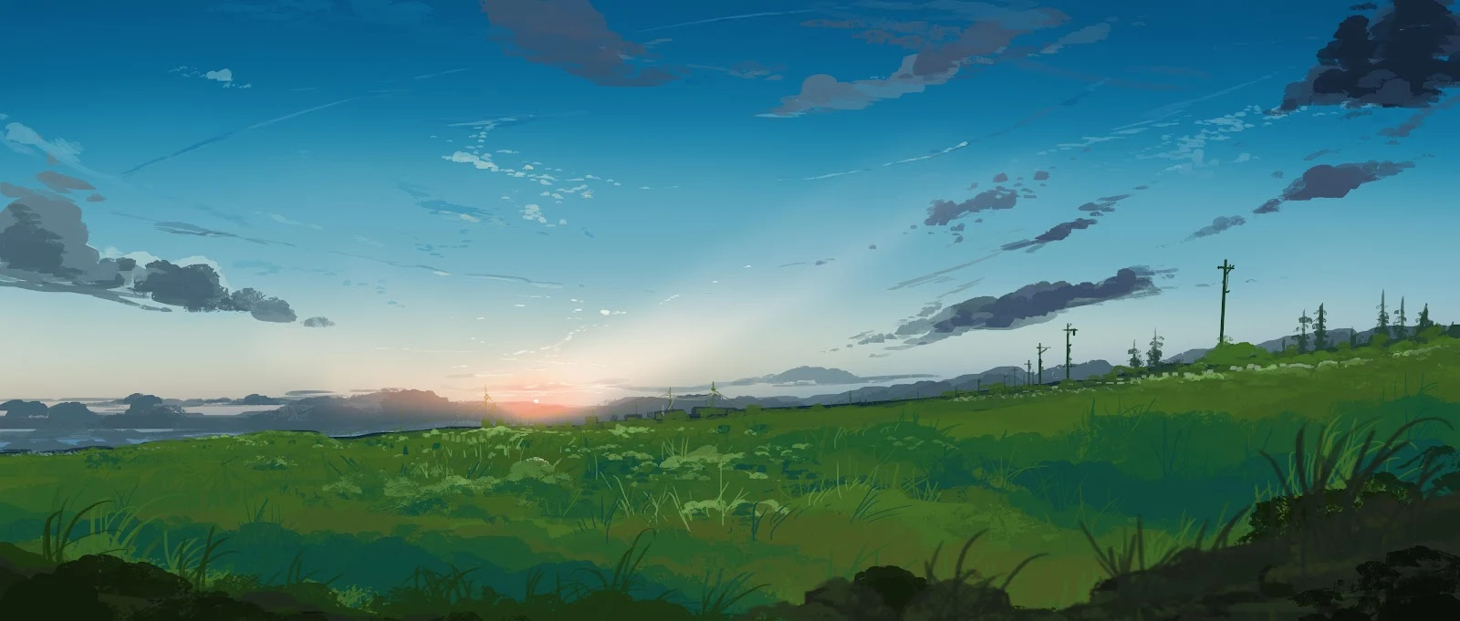 Lush Green Field Under Blue Sky - Anime Landscape Art 4K Wallpaper (5640x2400)