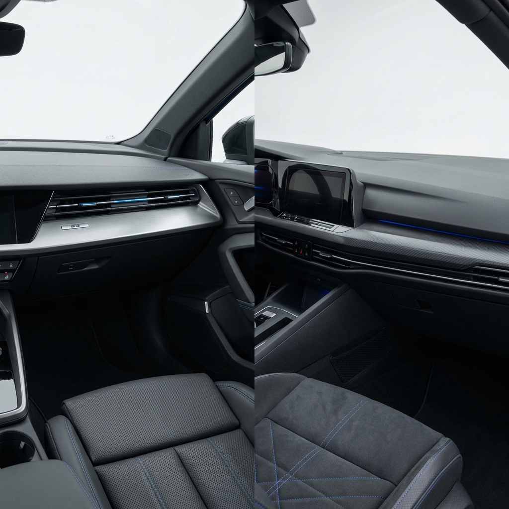 Close comparison of Audi S3 and Volkswagen Golf R dashboards and front seats highlighting materials textures and stitching audi rs3 for sale