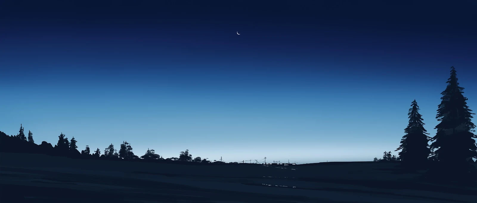 Twilight Forest Silhouette Under Crescent Moon - Stylized Illustration 4K Wallpaper (5640x2400)