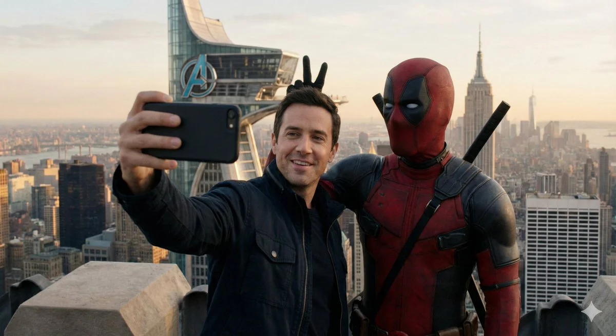 La traviesa selfie de Deadpool con un hombre en la azotea de un rascacielos de Nueva York.