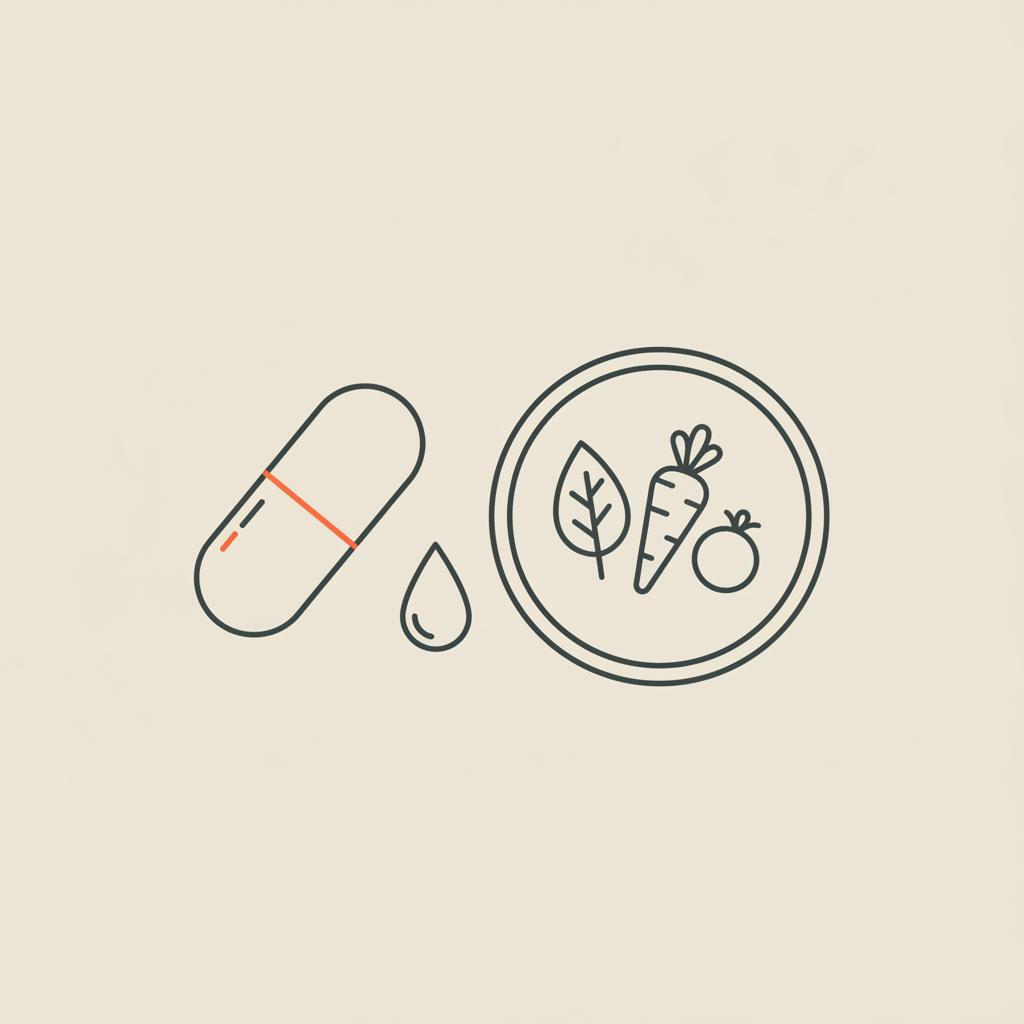 Minimal Tonum-style line illustration of a capsule beside a plate with simple vegetables and a water droplet on a beige background, best weight loss drug 2025