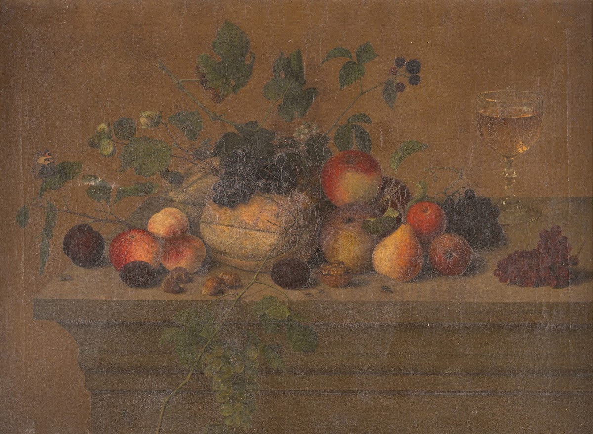 Fruit still life with glass chalice nuts and insects 1873