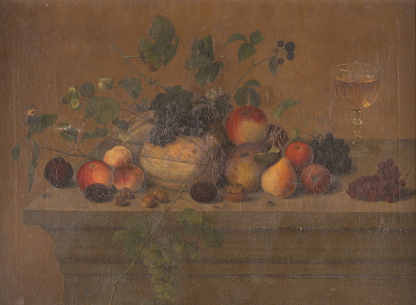 Fruit still life with glass chalice nuts and insects 1873