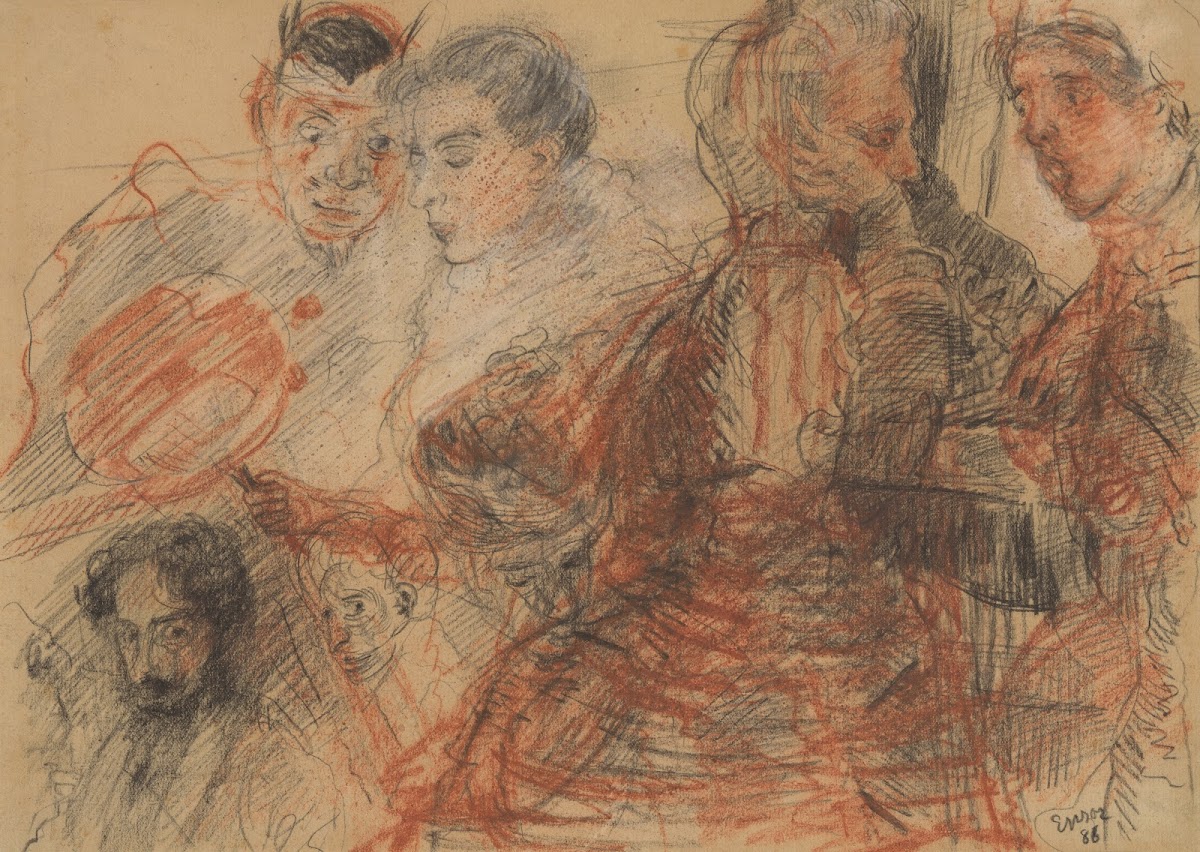 Zelfportret en figuren  Ensor en zijn familie 1886