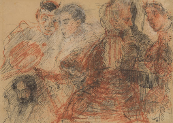 Zelfportret en figuren  Ensor en zijn familie 1886
