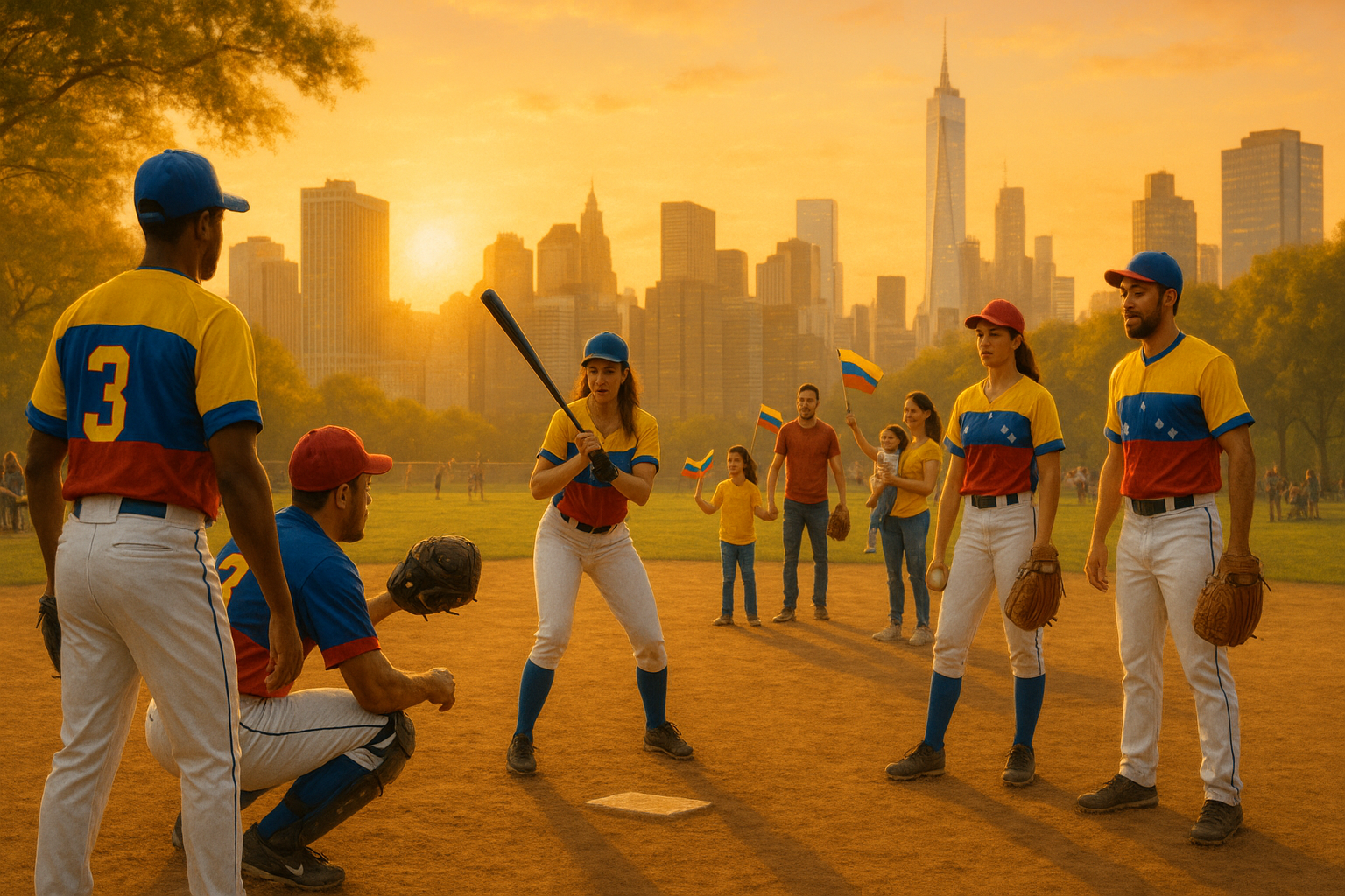 Venezolanos jugando béisbol en un parque urbano con familias alentando