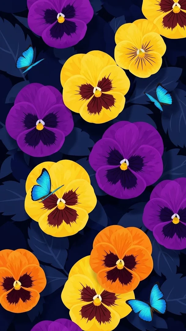 Vibrant Flat Lay Pattern of Pansy Flowers and Blue Butterflies on a Dark Background