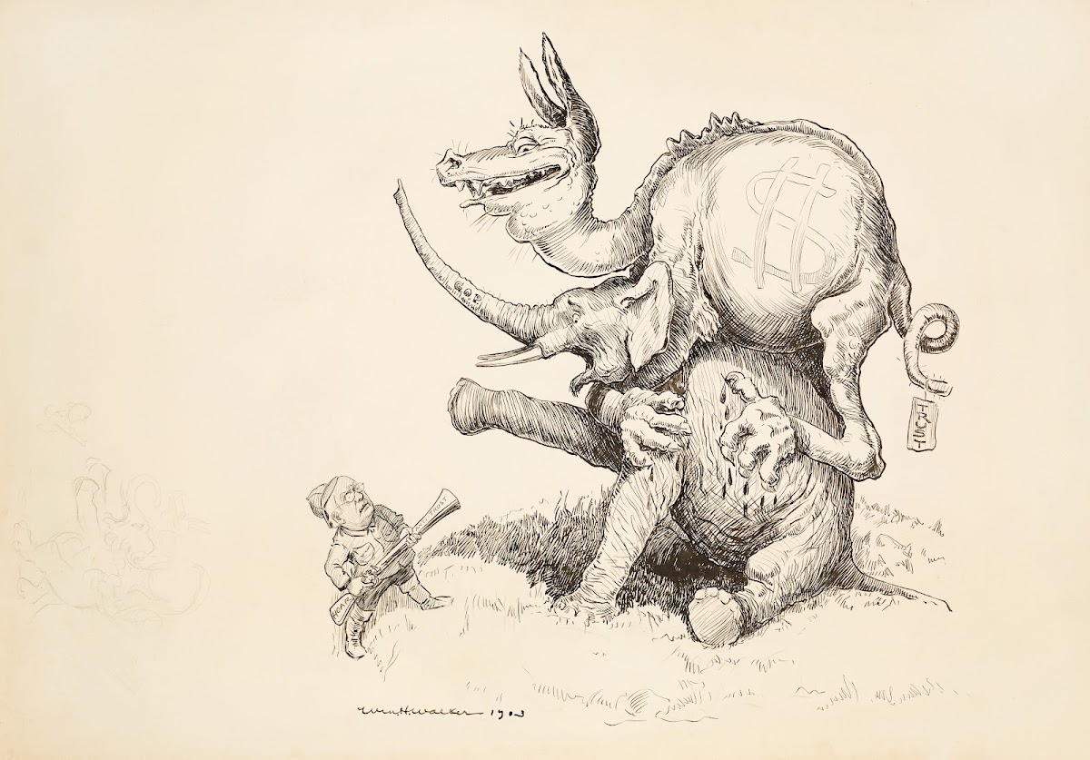 A dragon representing the trusts attacks the Republican Party elephant 1903