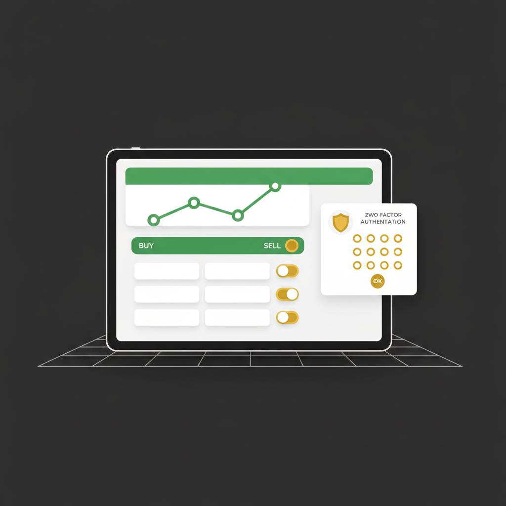 Minimalist 2d vector workspace with tablet showing a simplified limit order screen and two factor auth interface illustrating how to invest into stocks for beginners