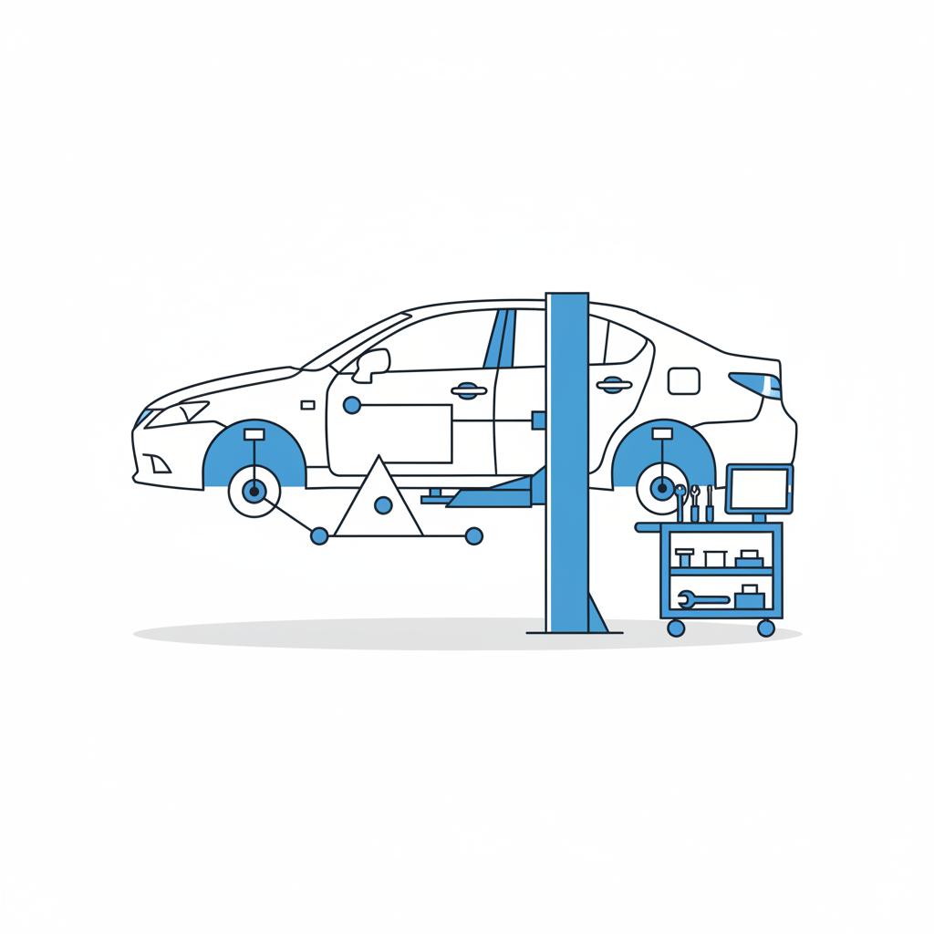 Minimalist flat 2D vector of a lifted used Lexus showing exposed suspension components in a clean garage setting used lexus for sale