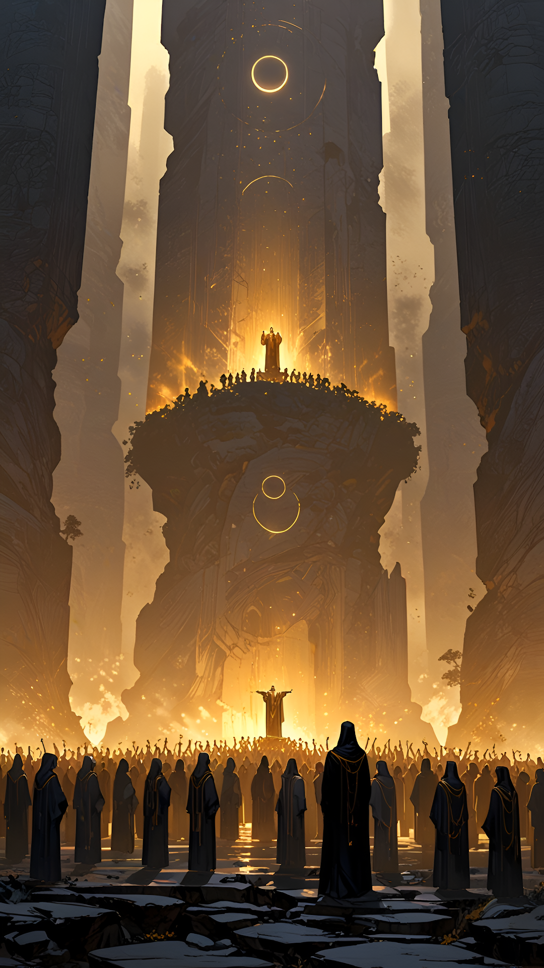Crowd Gathered Before Floating Temple Under Golden Eclipse - Free 4K mobile Wallpaper