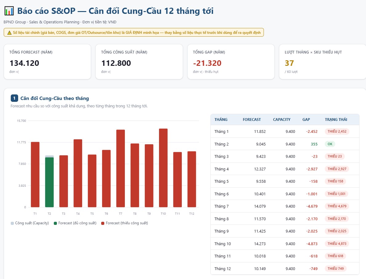 Báo cáo S&OP cân đối cung cầu 12 tháng tới