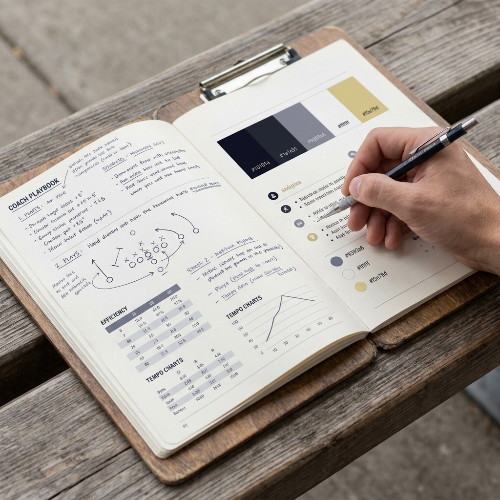 Close up of a coach playbook on a bench showing annotated efficiency numbers and tempo charts illustrating Common College Basketball Trading Mistakes in a minimalist Funded Plays style