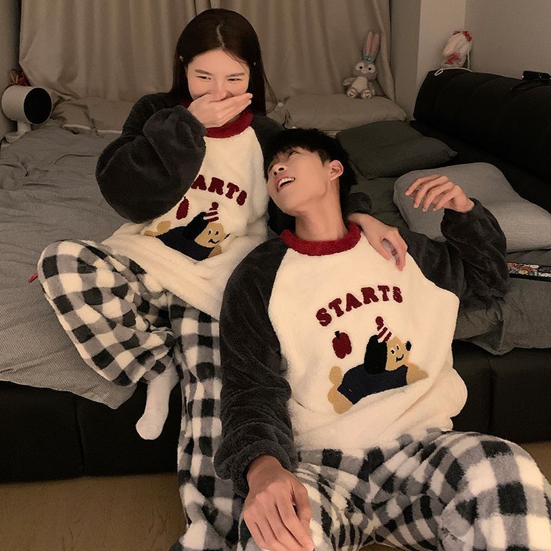 Couple Pajamas, Winter, Coral Fleece, Lined, Cartoon