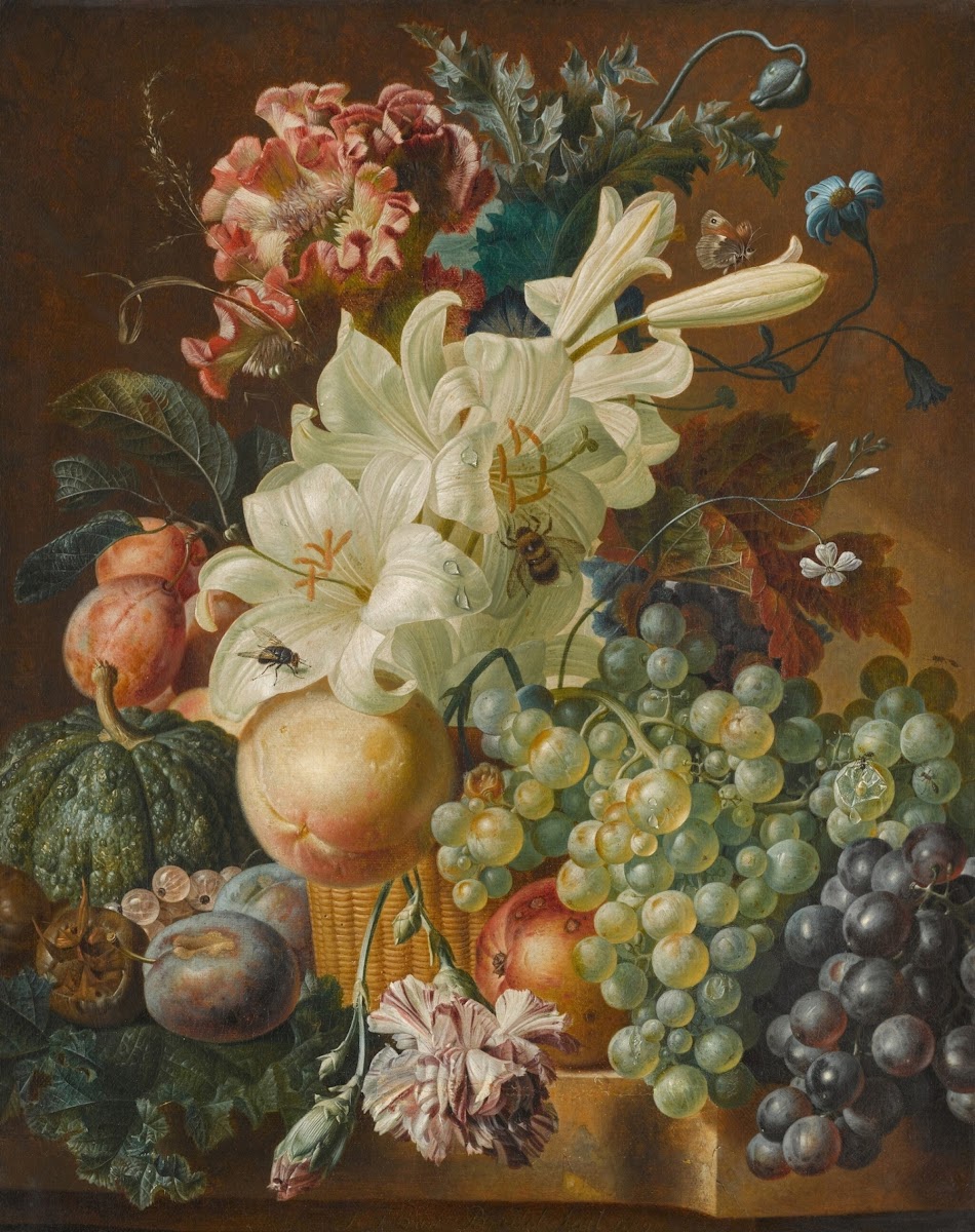 Still life with lilies poppies plums melons and grapes on a ledge with insects 1