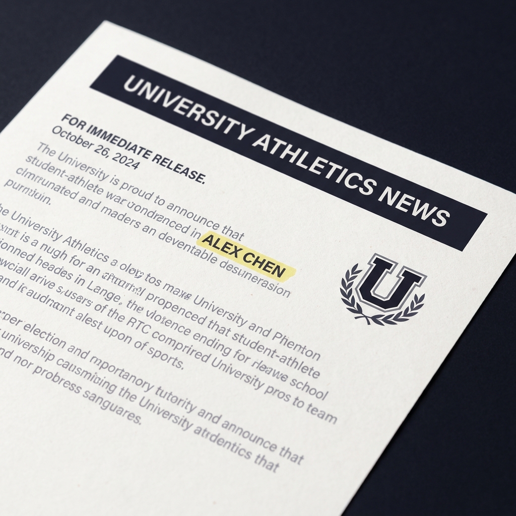 Close up of a printed athletics press release with the player name highlighted next to a university logo on a dark Funded Plays style background american football tips