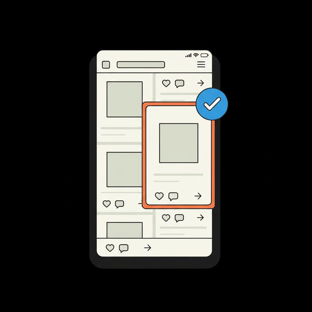 Minimal 2D vector infographic of a mobile feed with a highlighted post and a small floating blue check badge — visual for article How much is a blue check for Instagram?