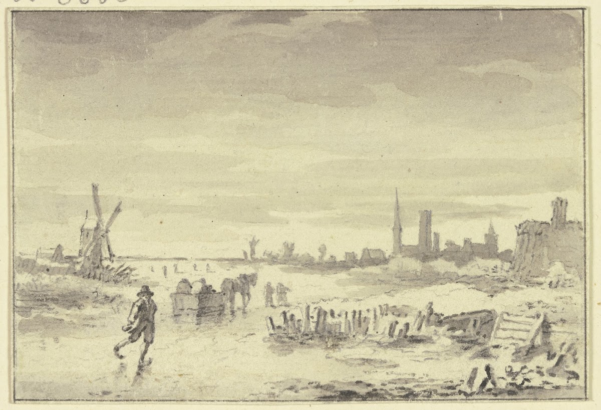 Winterlandschaft rechts eine Stadt links eine Windmühle in der Mitte ein Schlitt