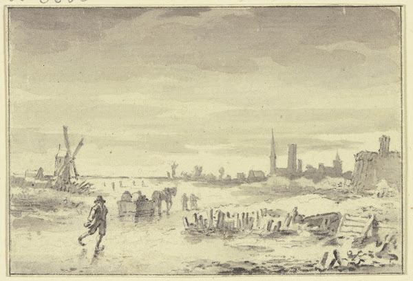 Winterlandschaft rechts eine Stadt links eine Windmühle in der Mitte ein Schlitt