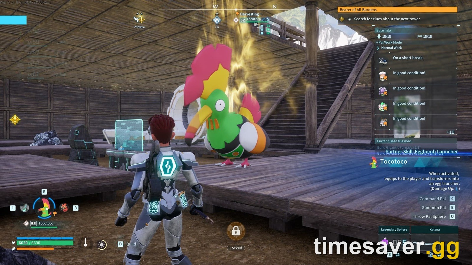 An awakened Pal in Palworld 1.0 surrounded by the permanent golden Awakening aura while standing in a player base