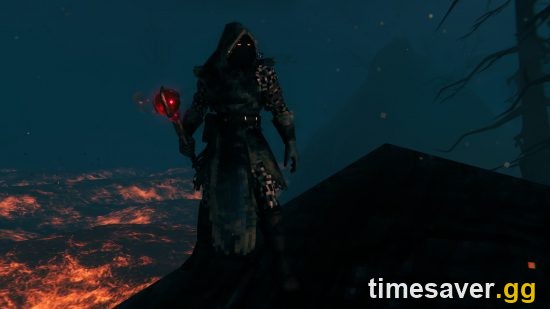 A Valheim mage in dark Ashlands robes holding a glowing red staff over a field of lava