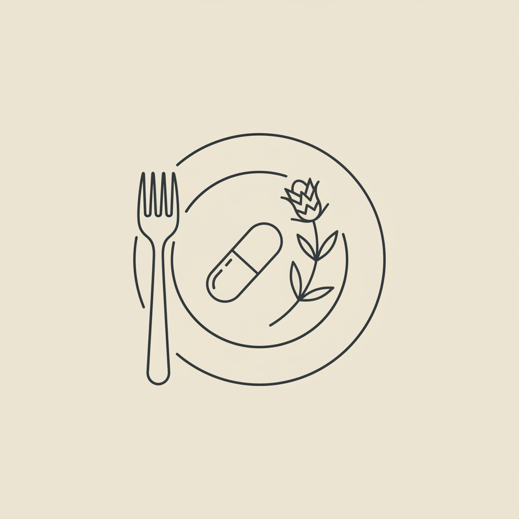 Minimalist line illustration of a plate with fork, capsule and milk thistle sprig on beige background representing sugar blocker supplements