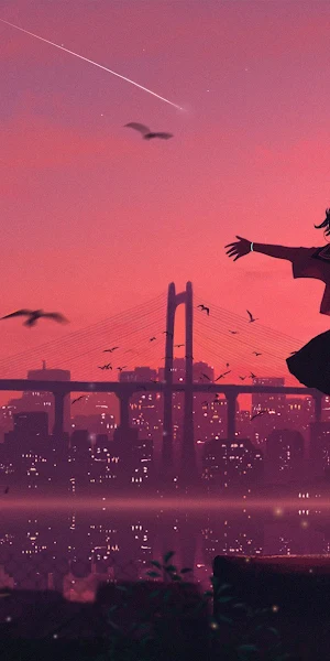 Anime, Cityscape, Sunset, Birds 4K Wallpaper Background