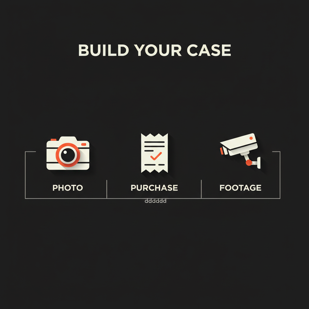 Minimal Shopify hero infographic with camera, receipt and CCTV icons for evidence gathering on black background in brand colors - reply to unfair Google review