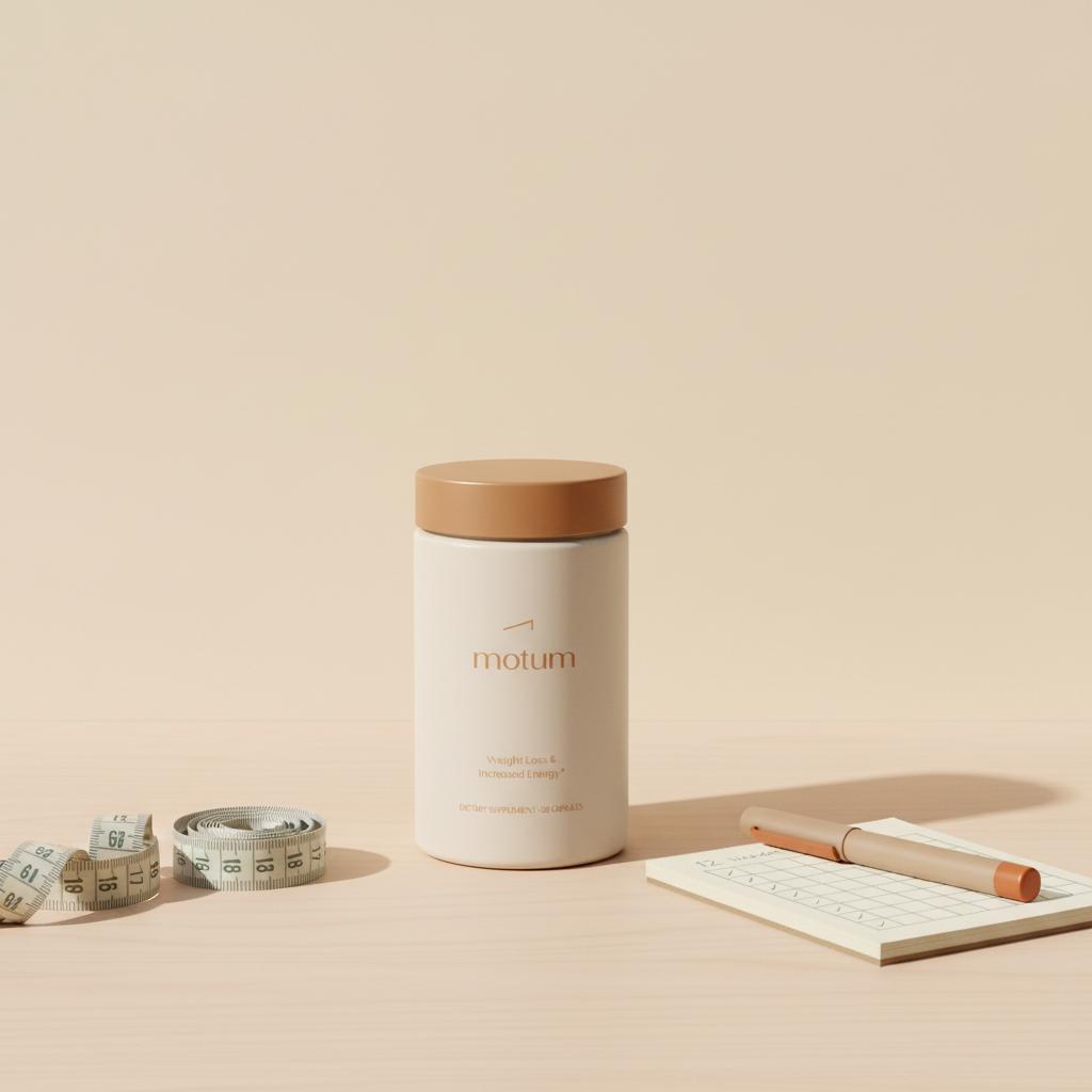 Tonum Motus supplement container beside tape measure and 12-week tracking notepad on light wood, illustrating alpha-lipoic acid belly fat tracking