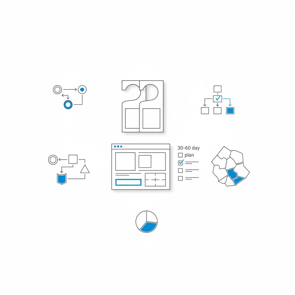 Vector flat-lay of lawn care marketing sketches: door-hanger mockup, landing-page wireframe and 30&ndash;60 day checklist &mdash; how do I advertise my lawn care business