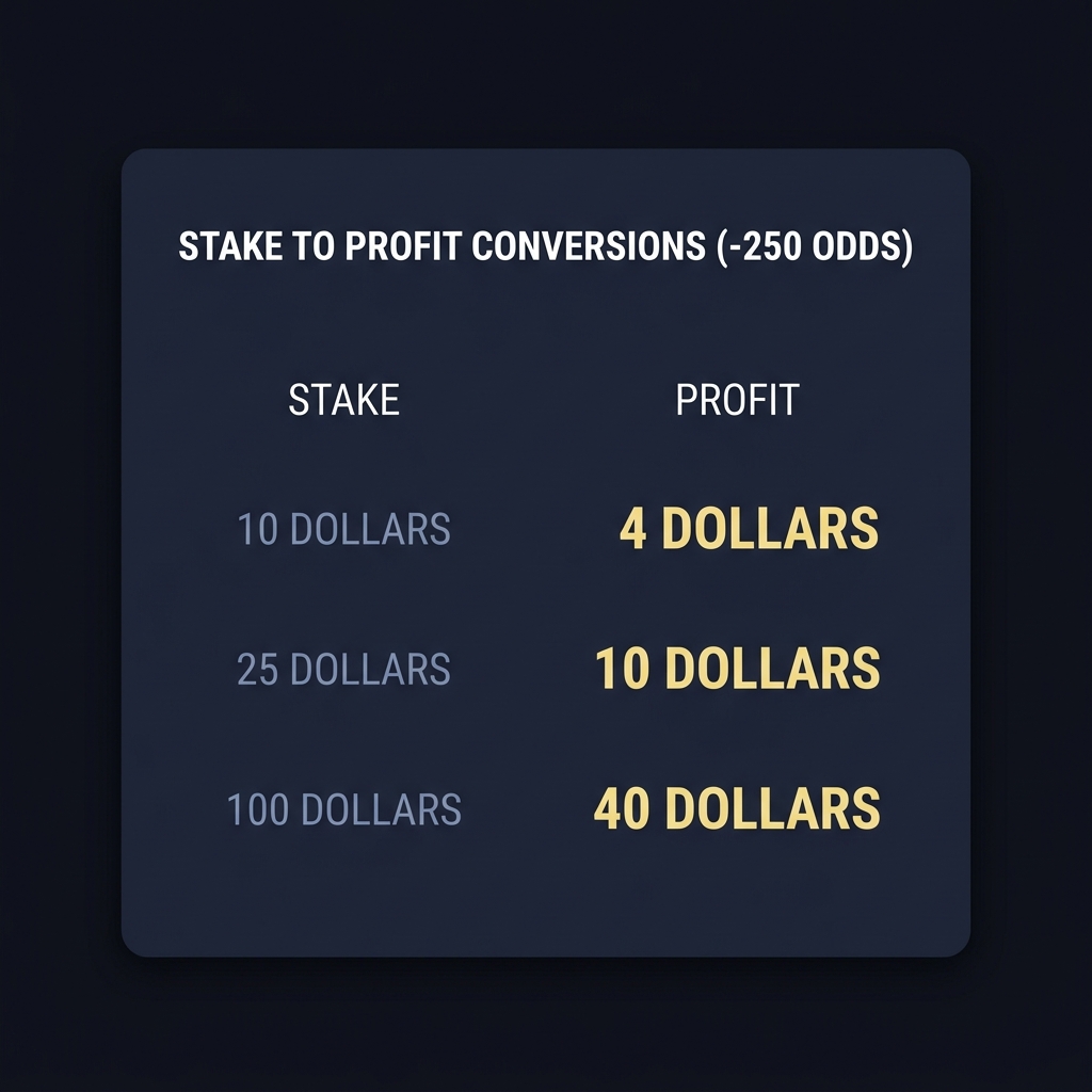 Minimalist full frame table showing stake to profit conversions for minus 250 odds listing 10 dollars to 4 dollars 25 dollars to 10 dollars 100 dollars to 40 dollars on dark Funded Plays background 200 odds