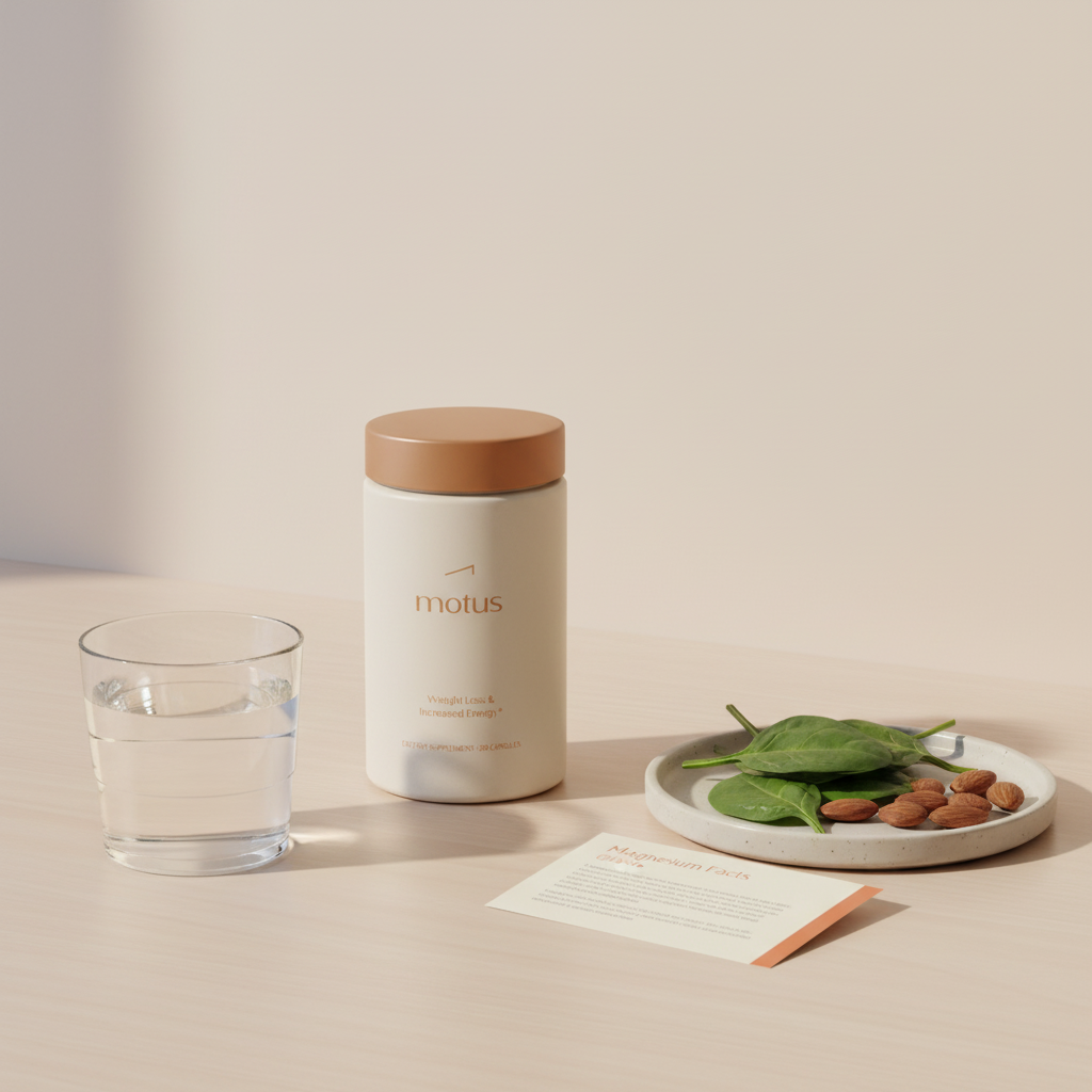 Minimalist still-life of magnesium glycinate supplement bottle on light wooden table with glass of water, plate of spinach and almonds, and a folded product facts card
