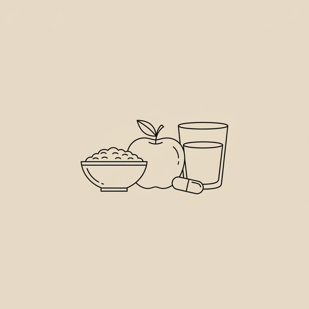 Minimalist Tonum-style line illustration of a bowl of oats, an apple, a water glass and a single capsule on beige background for five day belly fat diet plan