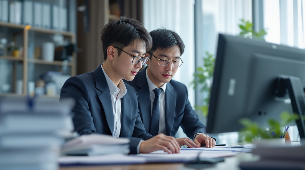 2025년 국가유공자 등록 소송 기간을 성공적으로 준비하는 대한민국 신청인과 변호사가 디지털 행정 시스템을 통해 온라인으로 자료를 제출하며 신중하게 상담하는 장면, 현대적인 사무실 환경과 컴퓨터 모니터, 법률 서류, 국가보훈처 로고가 보이는 모습