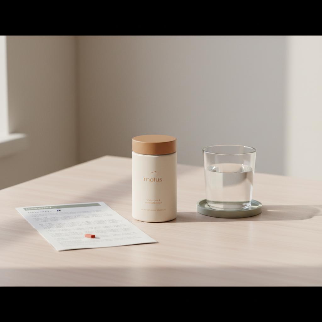 Close-up of Tonum Nouro jar on a light wood table next to a glass of water and a folded research printout, presenting a natural Adderall alternative in a minimalist clinical-meets-lifestyle scene.