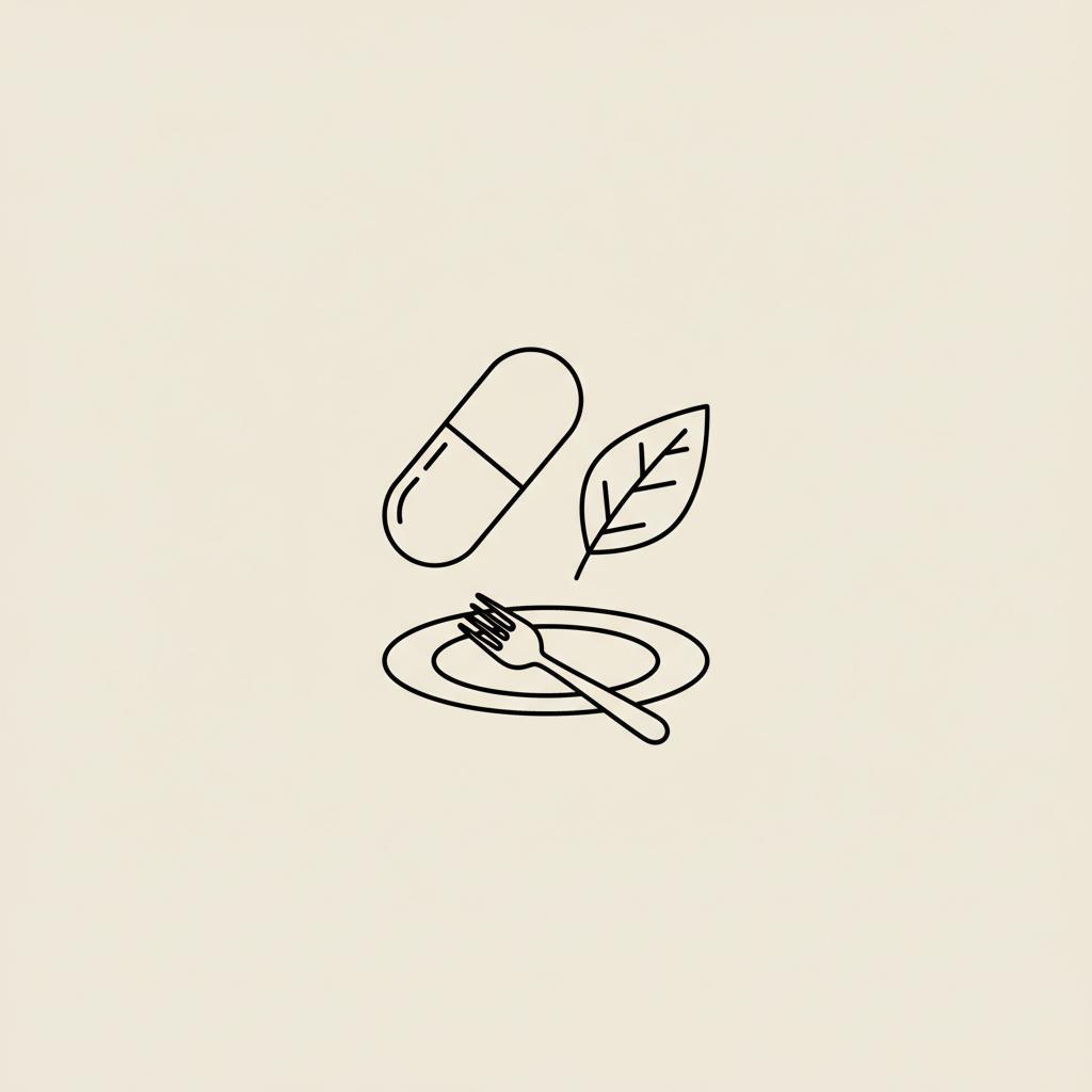 Minimal Tonum-style line illustration of a capsule, leaf, and plate with fork on a beige background, suggesting supplements and healthy eating — do belly fat burners work