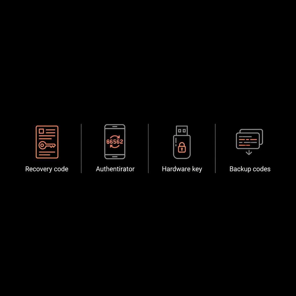 Minimal infographic of four horizontal vector icons: recovery code, authenticator app, hardware key, backup codes on black background with brand accents — reset gmail password