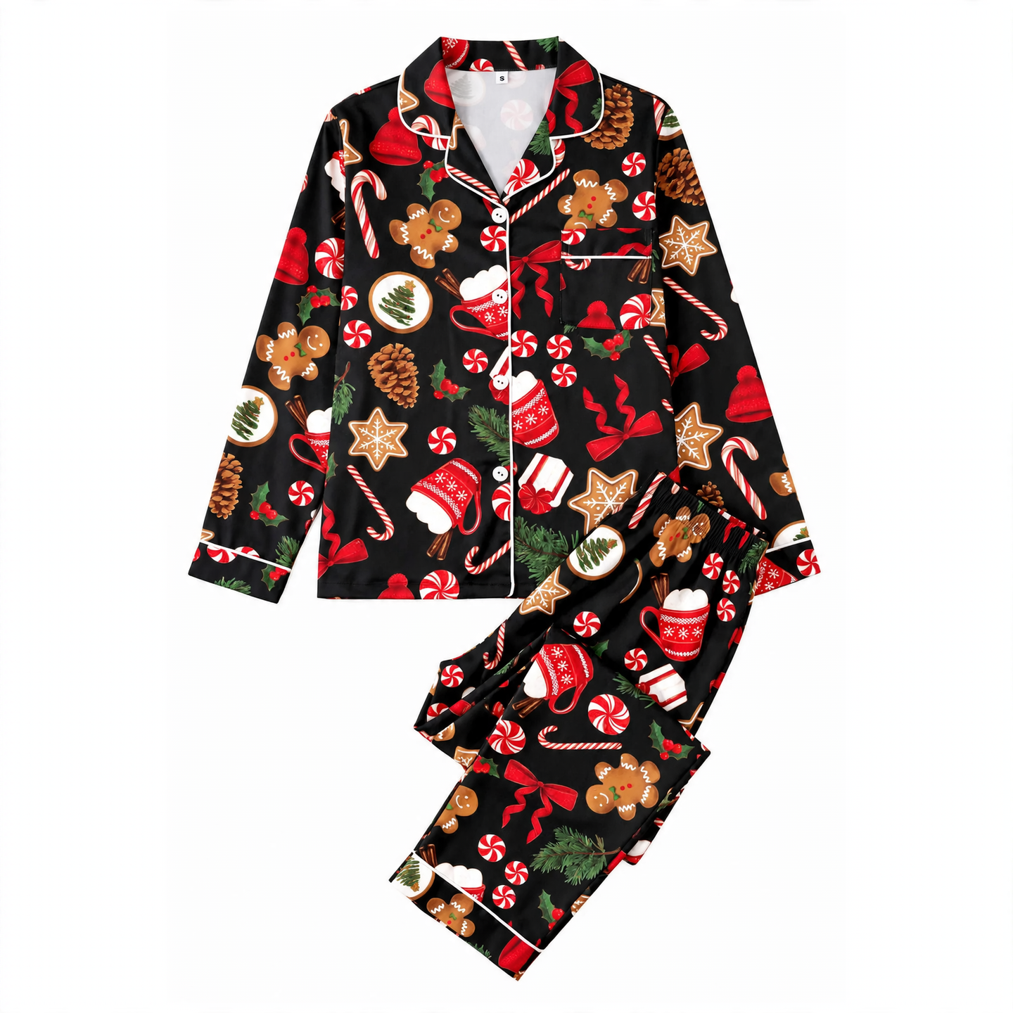 Women's pajamas, long-sleeve, with cartoon Christmas design