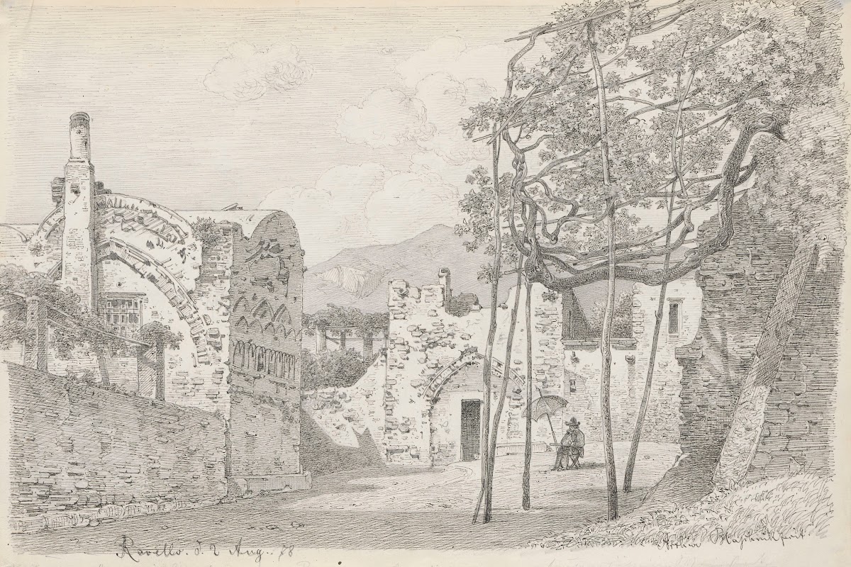 Artist sketching among the ruins in Ravello 1878