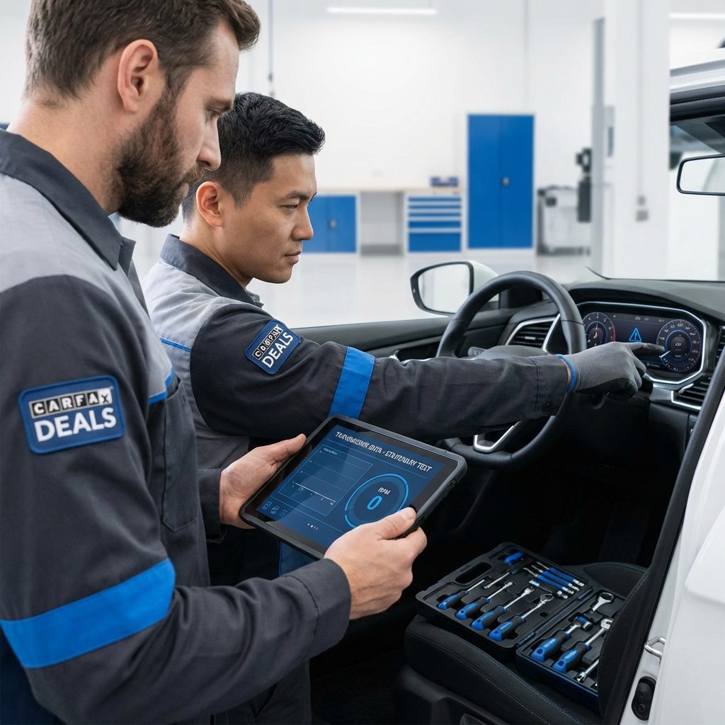 Close up of mechanic performing transmission road test on Lexus RX 350 with technician pointing at dashboard and toolkit visible lexus rx 350 price