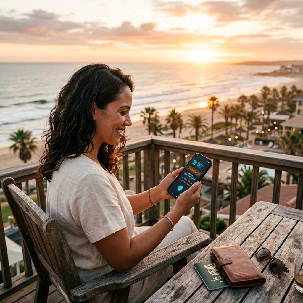 Jade on a coastal deck at sunset with travel booking on her phone