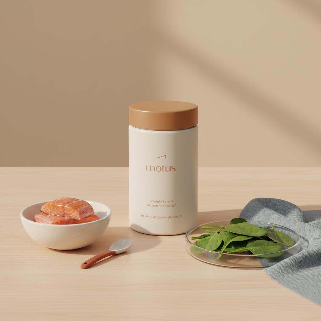 what vitamin is like an antidepressant? Tonum supplement bottle on wooden table with a bowl of oily fish and a petri dish of leafy folate against a beige #F2E5D5 background.